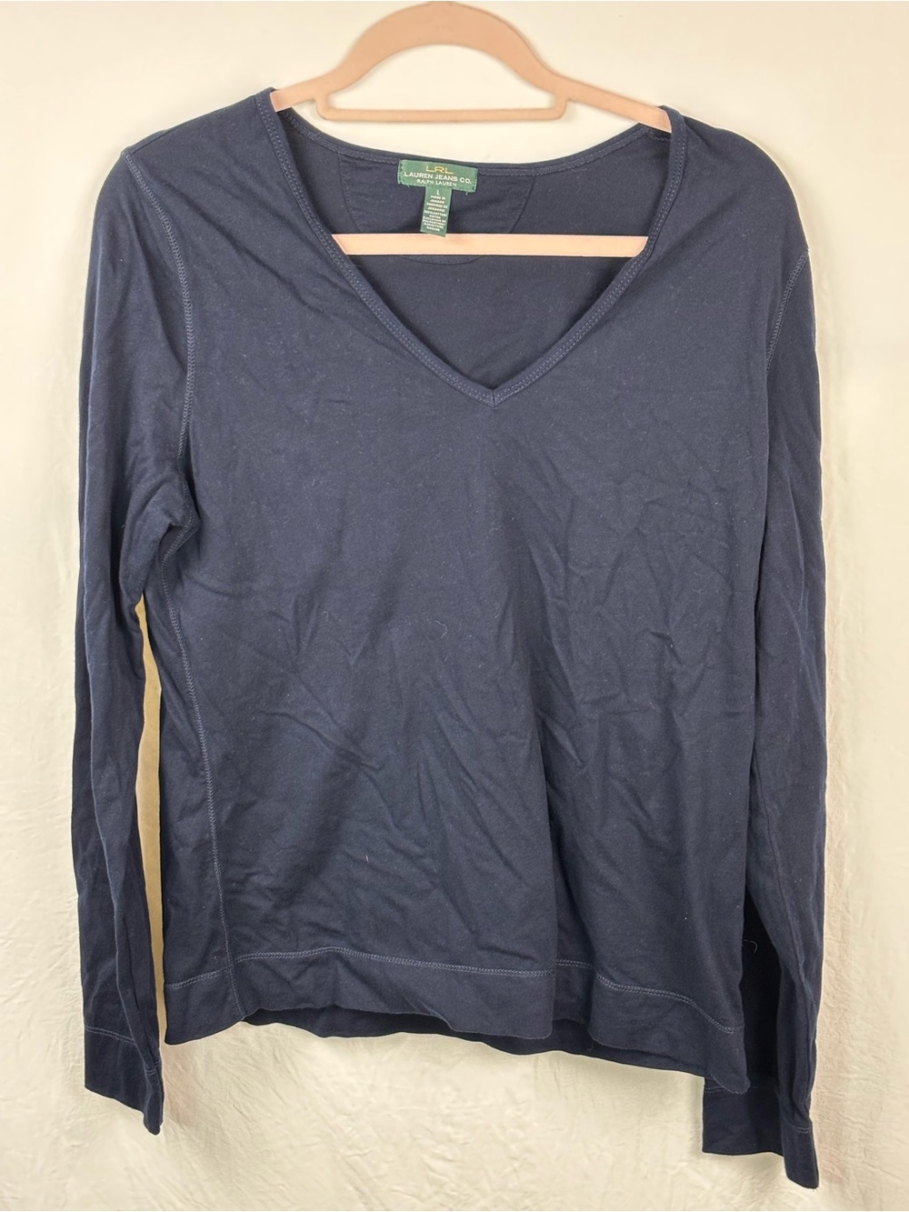 Lauren Jeans Co Ralph Lauren Women's large Navy V-Neck Long-Sleeve Tee